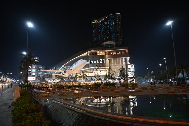 Archive photograph: Terminal 21 Pattaya airplane and mall exterior at night